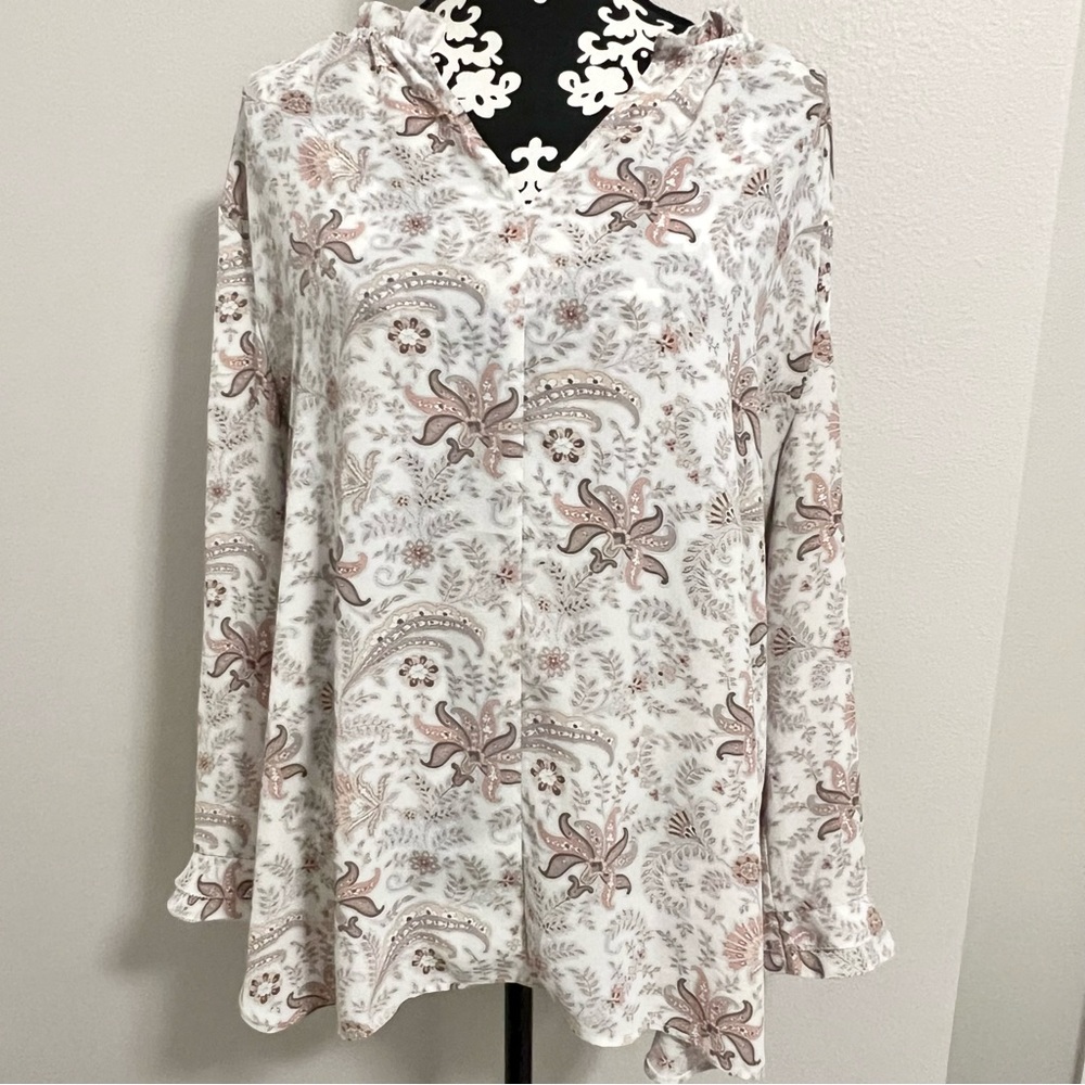 Ann Taylor Loft Floral Print Ruffled Neck Dress Long Flutter Sleeved Blouse XL